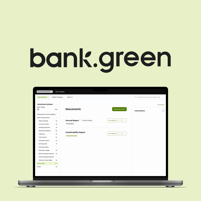 Screenshot of Bank Green upload document site