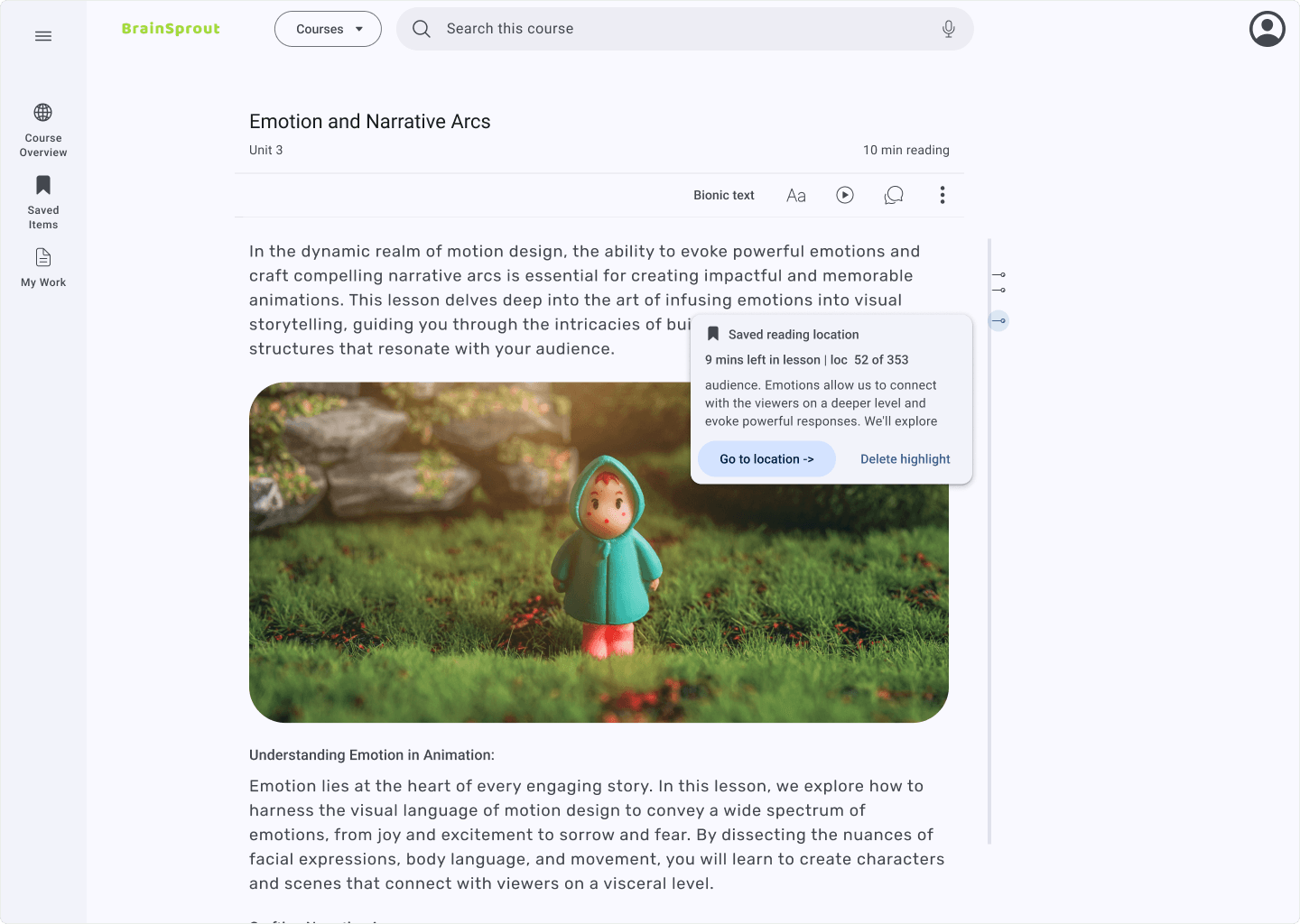 High fidelity screen of reading lesson with vertical reading progress indicator aligned close to right margin of reading lesson