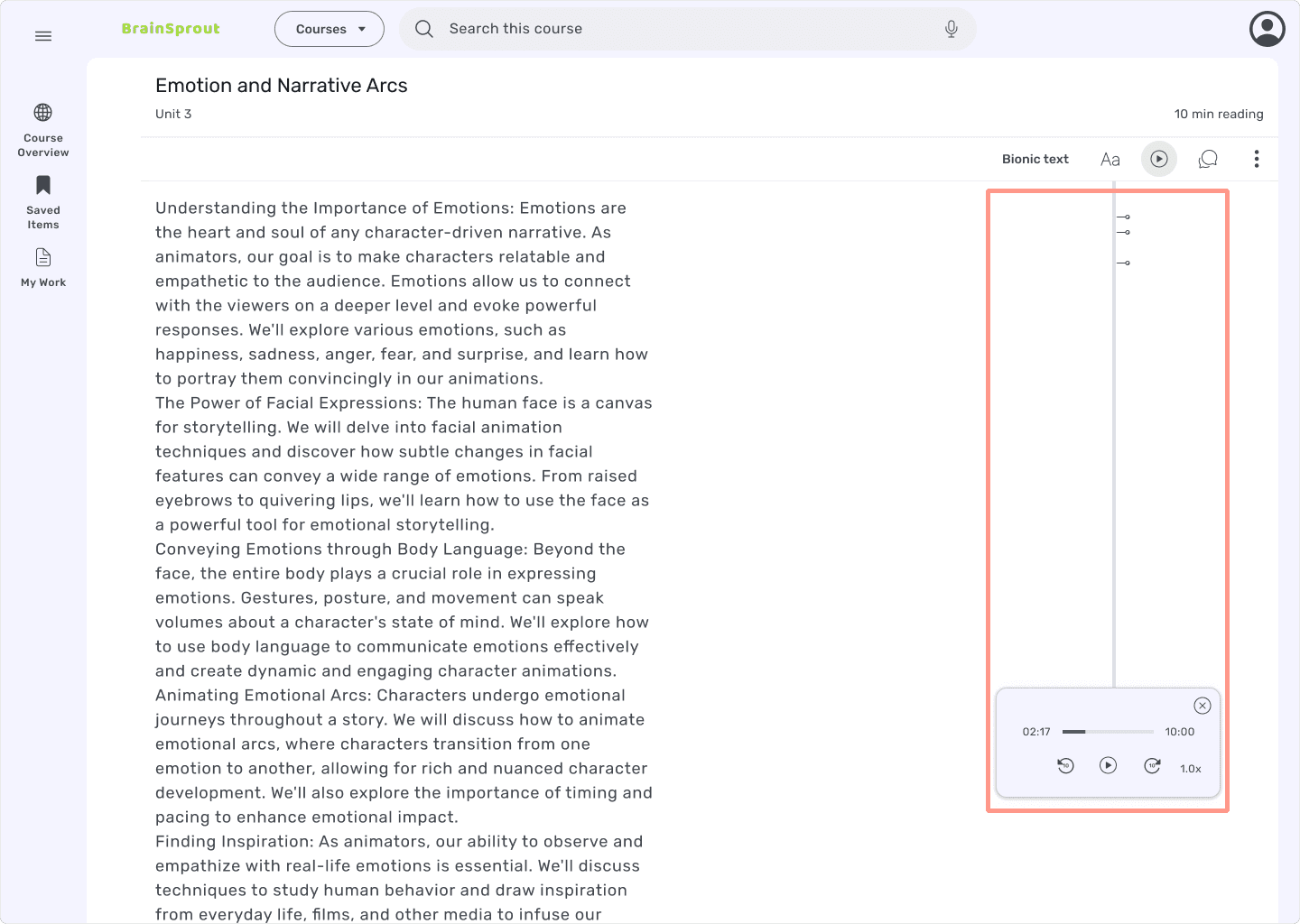 High fidelity screen of reading lesson with vertical reading progress indicator aligned close to page margin