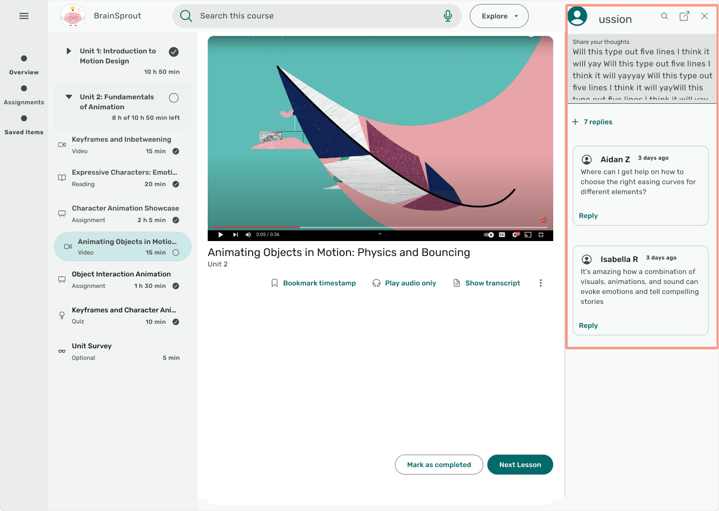 Screen of updated discussion feature to internal